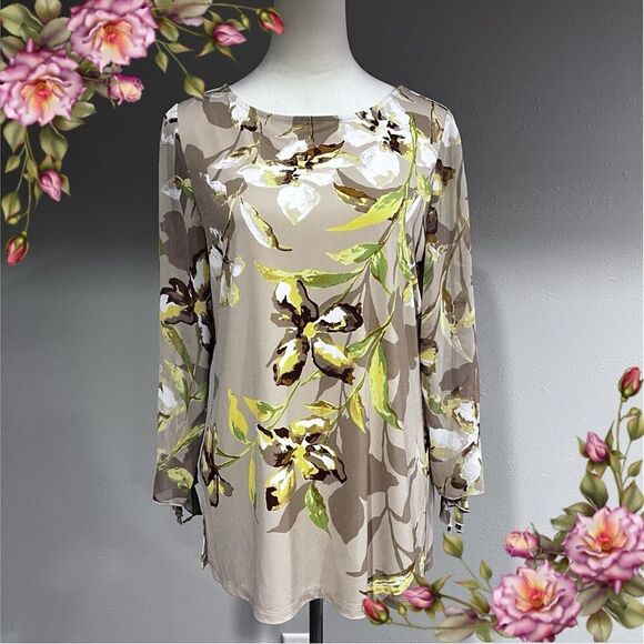 Susan Graver Tops - Scoop neck floral long sleeve blouse top
